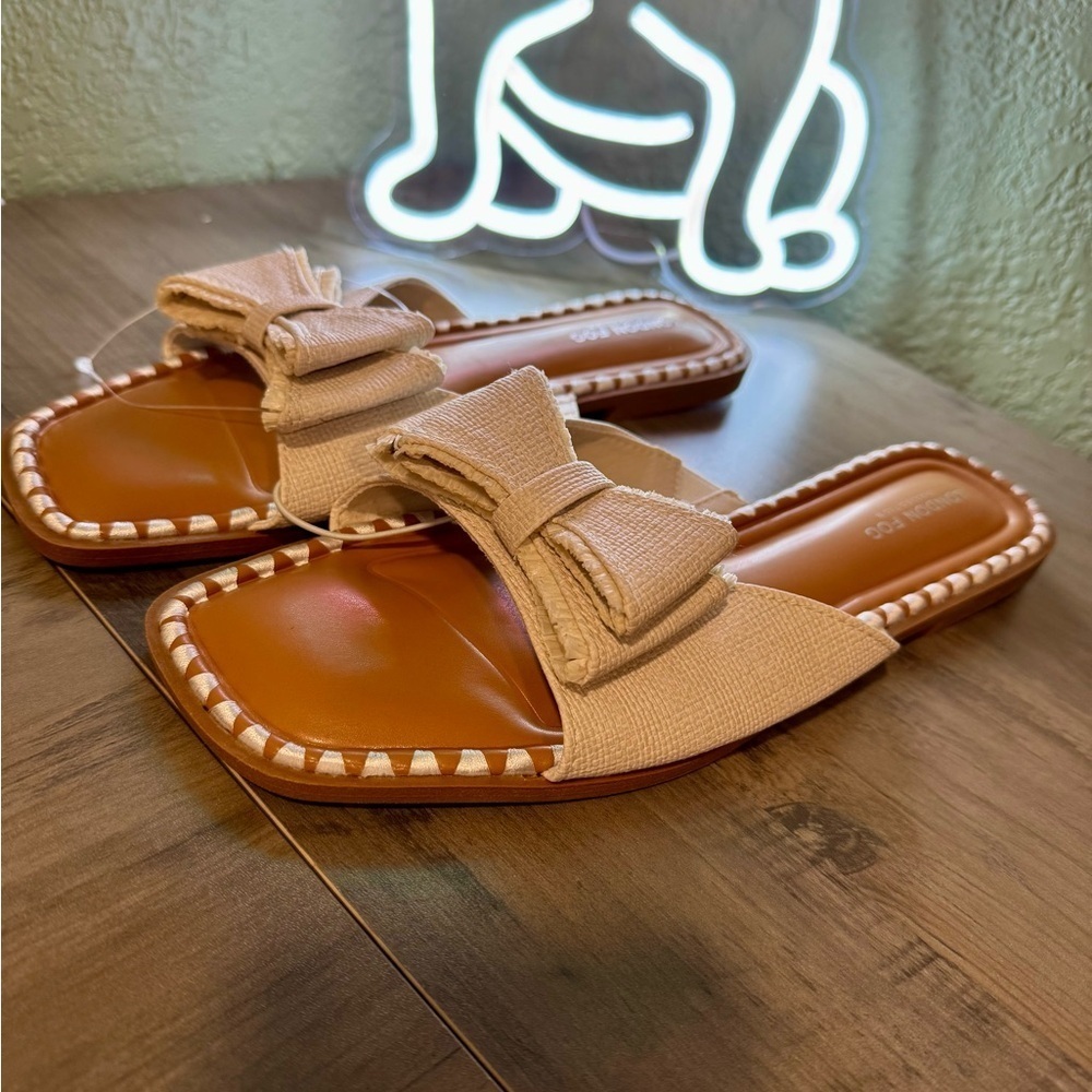 London Fog Cream Bow Slide Sandals 10